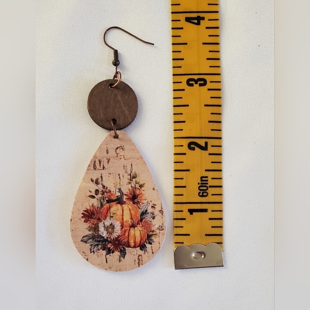 New Fall Earrings Floral Pumpkin Print Cork And Wood Teardrop Lightweight Dangle - Picture 4 of 6
